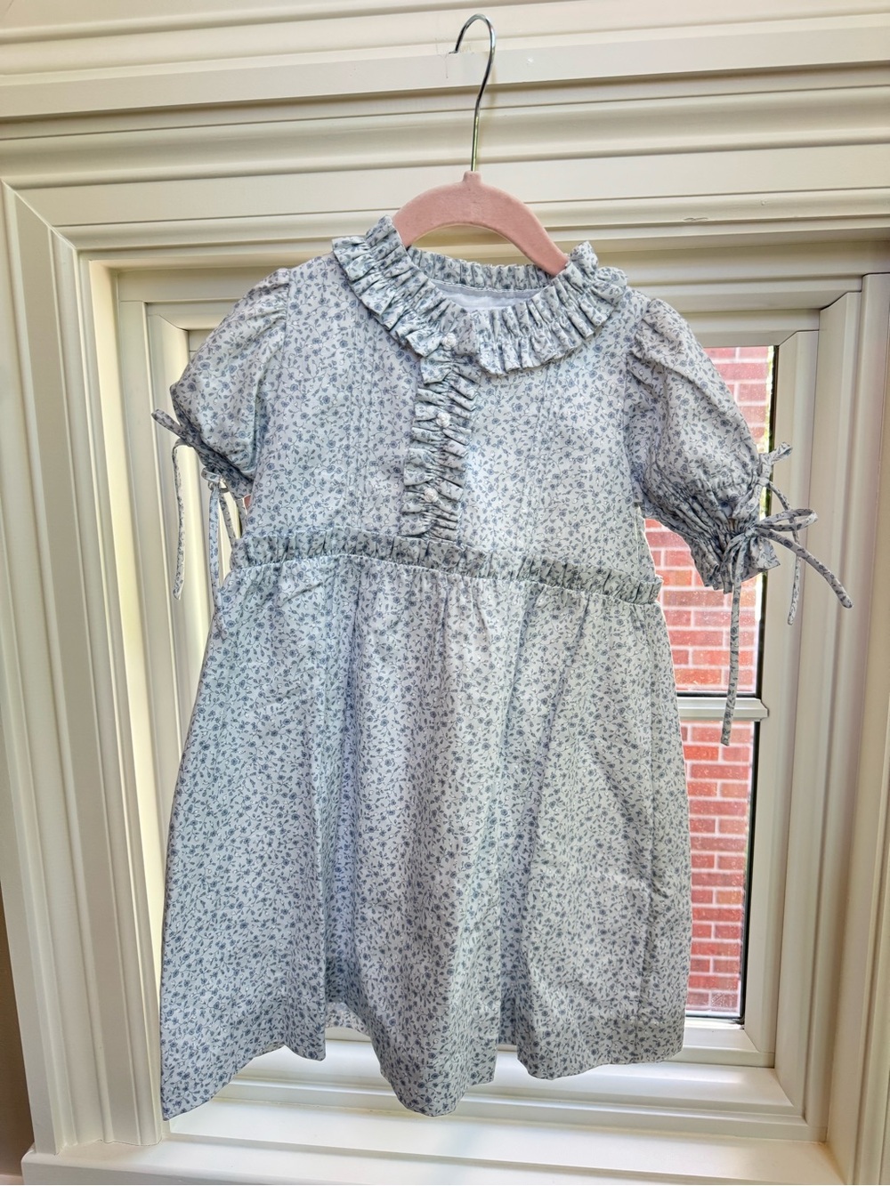 Girls Light Blue Floral Ruffle Neck Dress